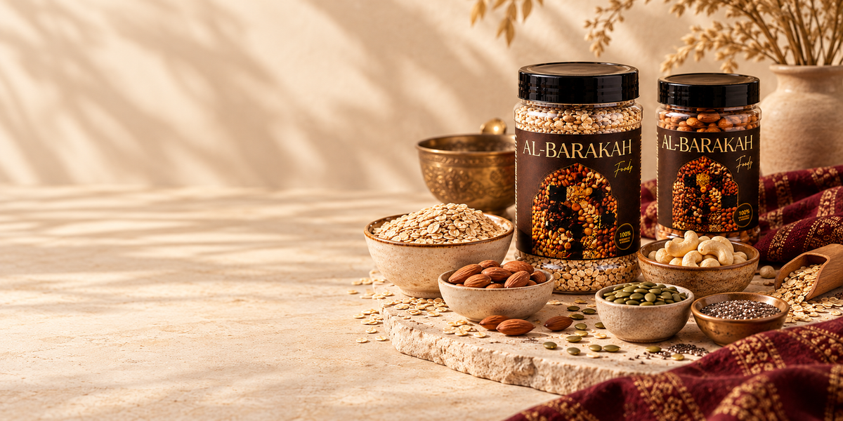 Homepage hero desktop using the approved Al-Barakah black and gold jar