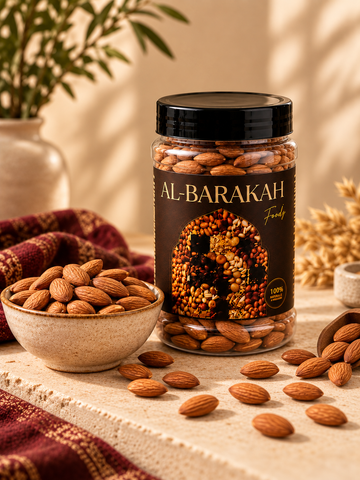 Premium Almonds in the approved Al-Barakah black and gold jar