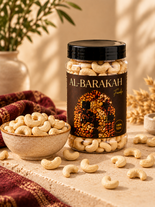 Premium Cashews in the approved Al-Barakah black and gold jar