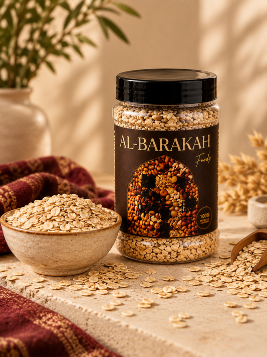 Rolled Oats in the approved Al-Barakah black and gold jar