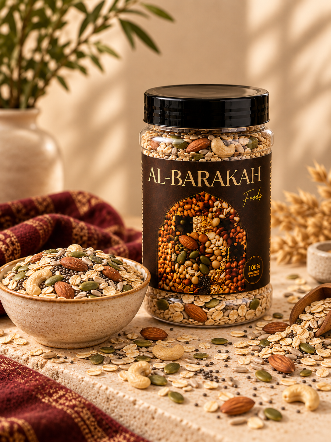 Signature Oats and Nuts in the approved Al-Barakah black and gold jar